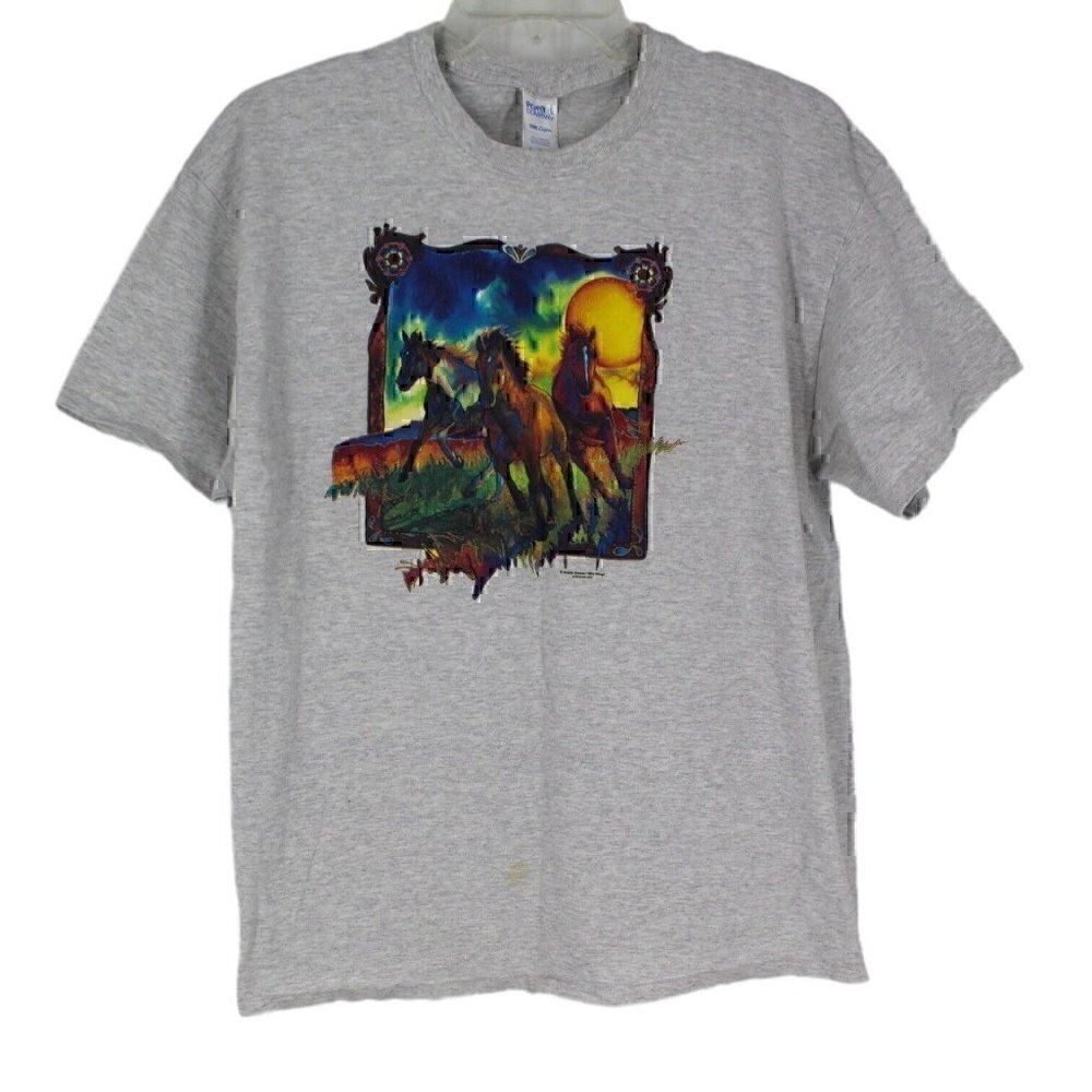 WILD THINGS Janene Grende Multi Colored Running Horses T shirt Short Sleeve XL